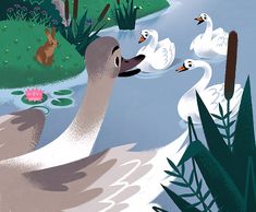 an illustration of ducks and other birds in the water with grass, plants and flowers around them