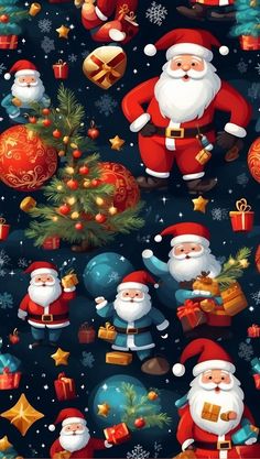 christmas seamless wallpaper with santa claus and other holiday decorations on a black background