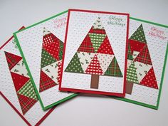 four cards with christmas trees on them, one is green and the other is red