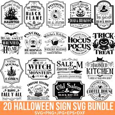 20 halloween sign svg bundle with pumpkins, witch hats and other vintage signs