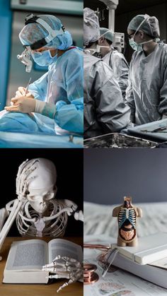 medical professionals performing surgery in an operating room, and on the table are books with skeleton figurines