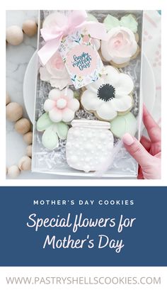 mother's day cookies in a box with the words special flowers for mother's day