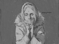 a black and white drawing of a woman wearing a fur lined hoodie with her hands under her chin