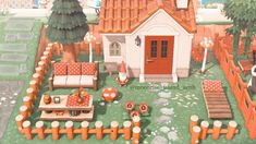 an image of a small house in the middle of a yard with orange and white furniture