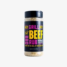 a jar of bbq rub next to a white background with the words hey grill lett