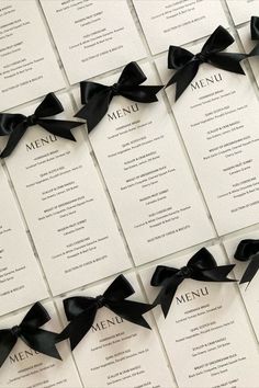 Wedding Menu Table Setting, Black Tie Themed Wedding, Black Tie Wedding Theme Classy, Black White Modern Wedding, Black And White Menu Design, Gate Color Ideas Entrance, All Black Wedding Decor, Wedding Menu With Bow, Main Gate Colour Ideas