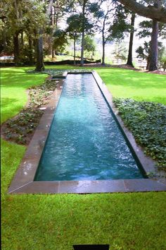 a long narrow pool in the middle of a grassy area with trees and bushes around it