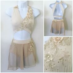 three different pictures of dresses on mannequins, one in gold and the other in beige