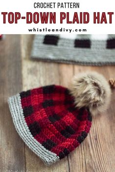 a crochet pattern for a top - down plaid hat with pompom