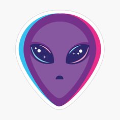 an alien sticker with blue eyes and purple skin, is shown in the shape of a