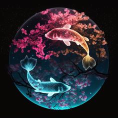 two fish are swimming in a pond with pink flowers on the water's surface