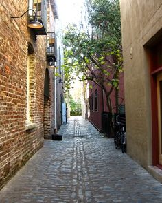 an alley way with brick buildings and trees