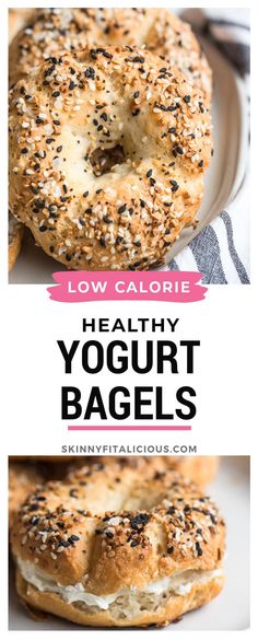 two bagels with poppy seed sprinkles on them and the words low calorie healthy yogurt bagels