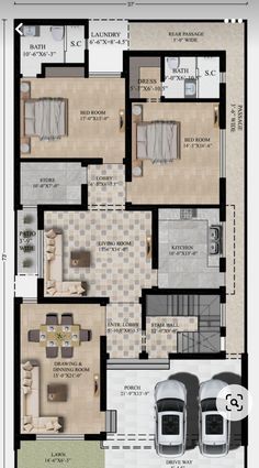 a floor plan for a house with two cars parked in the driveway and one car parked on