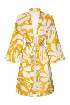 Designed and manufactured by and for Ashy&Sleek, this unique kimono is close to amber/mustard like color with beautiful leaf like patterns on it. 100% organic cotton, unisex and comes in two sizes: S (suitable for XS-S sizes) and M (suitable for M-L sizes). Knee length and very stylish. It can be used as kimono, robe and/or bathrobe. Cream Kimono With Kimono Sleeves For Vacation, Spring Cream Kimono For Loungewear, Cream Kimono For Spring Loungewear, White Cotton Kimono For The Beach, White Kimono With Kimono Sleeves For Daywear, Yellow Cotton Kimono For Spring, White Sleepwear With Kimono Sleeves For Loungewear, White Long Sleeve Robe For Vacation, Long Sleeve White Robe For Vacation