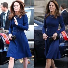 two pictures of the same woman in blue dress and heels, one is holding her hand out