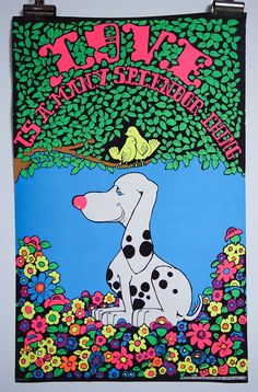 a poster with a dalmatian dog sitting under a tree