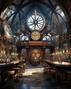 a large clock mounted to the side of a wall above a bar in a building