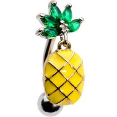 14 Gauge (1.6mm), 7/16" (11mm), 316L Surgical Grade Stainless Steel Curved Barbell, Cubic Zirconia Green CZ Gem Princess Pineapple Top Mount Belly Ring This juicy pineapple is fit for a princess. Shiny and yellow, this pineapple charm is perfect in every way. The sparkling pineapple charm on this 14 gauge belly ring comes complete with a spring of leaves crafted from a handful of green cubic zirconia gems. The pineapple charm is top mounted on a 7/16" durable 316L surgical grade stainless steel Pineapple Top, Belly Piercing Jewelry, Mod Jewelry, Jewelry Promotion, Navel Jewelry, Dangle Belly Rings, Leaf Crafts, Cute Rose, Belly Piercing