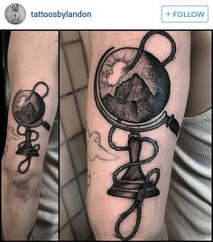 two tattoos on the arms of people with mountains in the background and an image of a globe