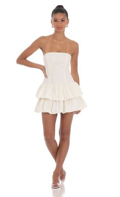 Strapless Corset Bubble Dress in Ivory White Mini Dress With Back Zipper For Cocktail, Beige Lined Mini Dress, White Strapless Mini Dress With Back Zipper, White Strapless Dress With Back Zipper, Elegant White Dresses With Zipper Closure, Elegant White Dress With Zipper Closure, White Sleeveless Dress With Invisible Zipper, White Dress With Back Zipper For Day Out, White Lined Mini Dress For Cocktail