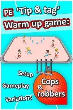 an advertisement for a video game called pep tip & tag warm up game with kids playing and