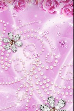 pink roses and pearls wallpaper with diamonds on the bottom right hand corner, as well as an embellishment in the middle