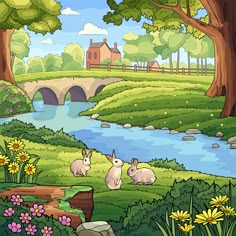 a painting of some animals in the grass by a river with a bridge over it