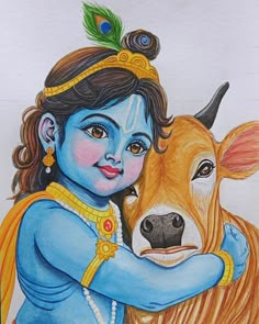 a drawing of a girl hugging a cow