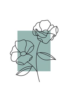 a line drawing of three flowers on a blue and green background with the words,