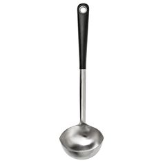 a metal spoon with a black handle on a white background