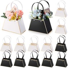 six bags with handles and flowers in them