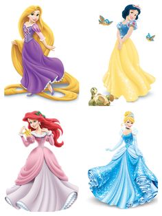 four disney princesses in different dresses