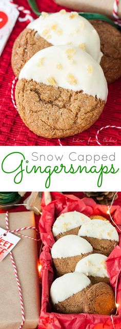 ginger snaps cookies with white icing in a red gift box and on a red tablecloth