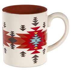 a white and brown coffee mug with red, blue, yellow and green designs on it