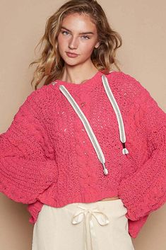 #ad Premium POL Cable Knit Hooded Chenille Sweater, Fashion Women's Sweaters Blue Zone, Home Stay, Chenille Sweater, Fuchsia Color, Neck Hoodie, Chenille Fabric, Cable Knit Sweater, Knitted Pullover Sweaters, Stay Cozy