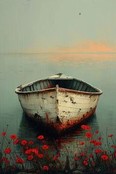 an old boat sitting in the water with red flowers