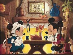 two mickey mouses sitting at a table in front of a fireplace