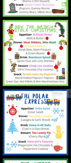 the christmas menu is shown in three different colors