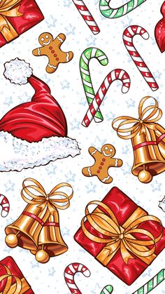 seamless christmas pattern with gingerbreads, candy canes and santa's hat