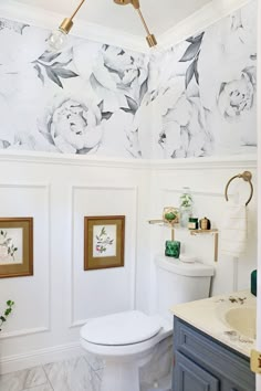 a white toilet sitting in a bathroom next to a wall with flowers painted on it