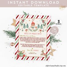 the printable christmas elf letter is shown in red, green and white striped paper