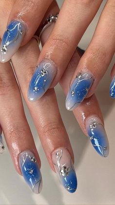 French Manicure Long Nails, Blue Ombre Nails, Aura Nails, Her Nails, Pretty Gel Nails, Blue Nail, Jelly Nails, Silver Nails