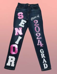 If you would like to add name, make sure the name is spelled correctly. Measure your waist and inbox me your measurements after ordering. Thank you. Senior Pants Ideas, Senior Pants High Schools, Homecoming Overalls, Homecoming Fits, College Jeans