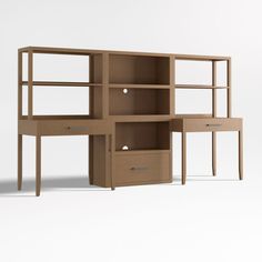 an office desk with shelves and drawers on the bottom, in front of a white background