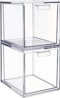 two clear plastic boxes with handles on each side