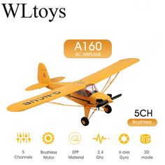 the yellow airplane is flying in the sky with its landing gear down and other information about it