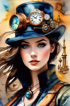 a painting of a woman wearing a top hat with clocks on her head and steampunk