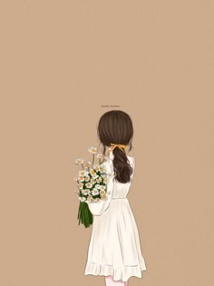 a drawing of a girl with flowers in her hand and the back of her head