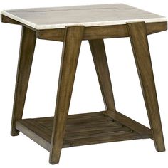 an end table with a marble top and wooden shelf on one side, isolated against a white background